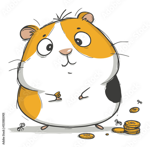 Cute Cartoon Hamster with Coins and Ants in Playful Vector Style Art