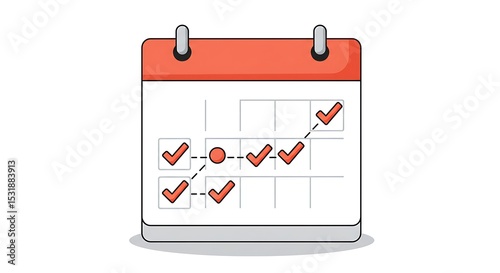 A calendar with a marked checklist and a dashed line symbolizes successful project completion, schedule tracking, and task management.