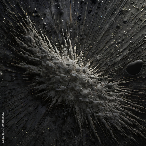 Monochrome composition simulating the magnetic imprint of lost celestial bodies, layered in metallic graphite and cosmic dust textures.