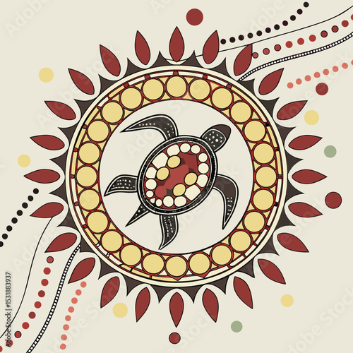 Aboriginal artwork style illustration depicting a stylized turtle surrounded by decorative elements