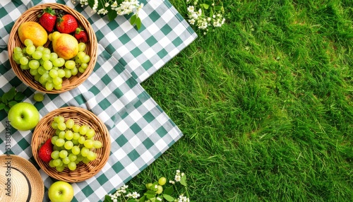 Fototapeta Naklejka Na Ścianę i Meble -  Top-down view of a summer picnic setup on a checkered blanket, providing a blank canvas for adding text and creating custom designs