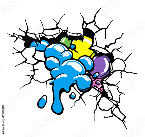 Colorful Graffiti Splash Emerging from Cracked Wall Illustration