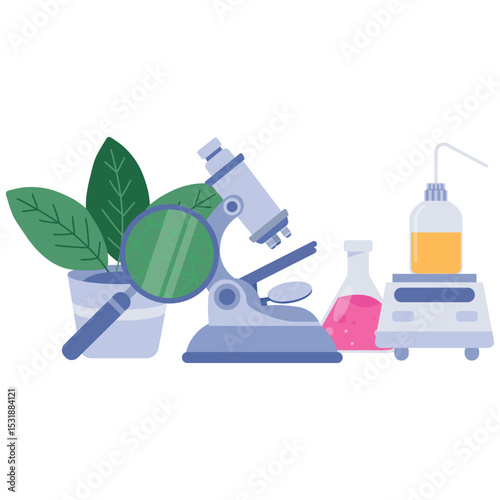 Laboratory Education. Vector illustration of Flat design showing a microscope with magnifier, plant leaves, and colorful flasks for plant science. Isolated on background