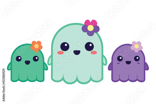 Three Kawaii Ghosts with Flowers for Halloween or Cute Designs
