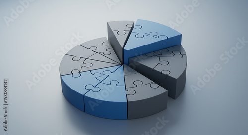 A circular pie chart made of puzzle pieces, with two blue segments, symbolizes problem-solving, teamwork, or market share allocation.