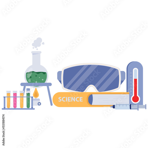 Laboratory Education. Vector illustration of Flat style microscope with open science book, formula board, colorful test tubes, and experiment tools. Isolated on background