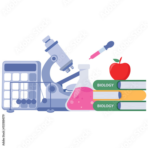 Laboratory Education. Vector illustration of Illustration of science tools like microscope, books, apple, pink liquid, calculator, and syringe for education. Isolated on background