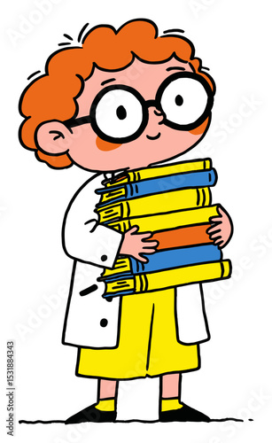 Cartoon Boy with Glasses Holding Stack of Colorful Books in Flat Design