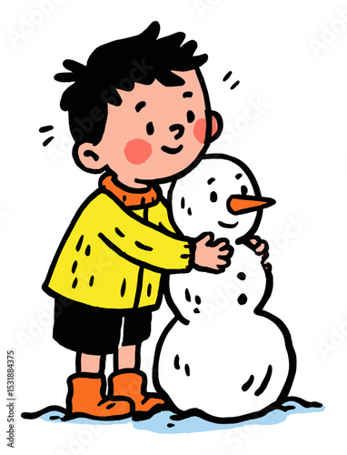 Cheerful Child Embracing Snowman in Colorful Winter Scene Illustration