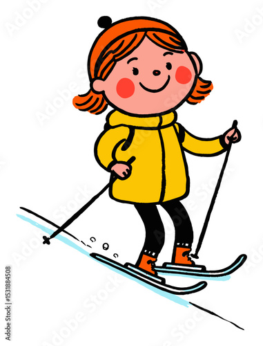 Smiling Young Girl Skiing in Cute Outfit with Ski Poles and Snow