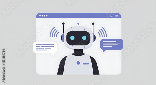 A friendly chatbot robot with speech bubbles appears in a browser window, symbolizing AI assistance, customer support, and digital communication.