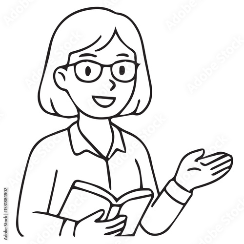 A black and white vector shows a female teacher standing confidently, pointing at the board, outlined in bold black to emphasize teaching presence.

