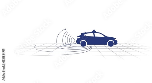 A silhouette of a smart car emits wireless signals across a digital grid, illustrating autonomous driving technology and vehicle connectivity.
