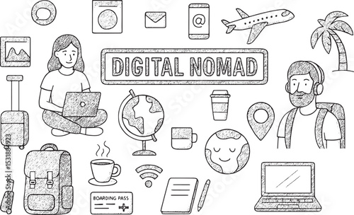 A vibrant illustration of digital nomads working remotely, featuring a woman with a laptop, a man with headphones, travel icons like a suitcase, airplane, and globe, plus coffee, Wi-Fi, and palm trees