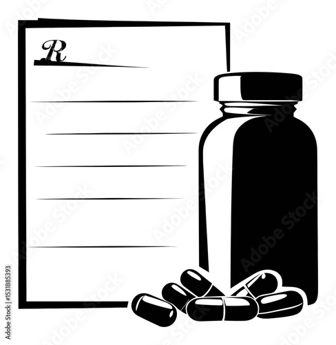 Black and White Vector Illustration of Prescription Bottle and Capsules