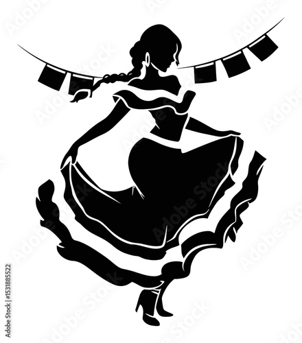 Elegant Dancer Silhouette with Colorful Banners in a Festive Atmosphere