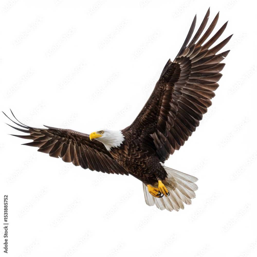 Fototapeta premium Bald eagle flying isolated on white background, for wildlife and nature projects.