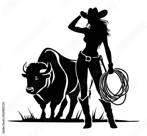 Silhouette of Cowgirl with Lasso and Buffalo in a Wild West Scene