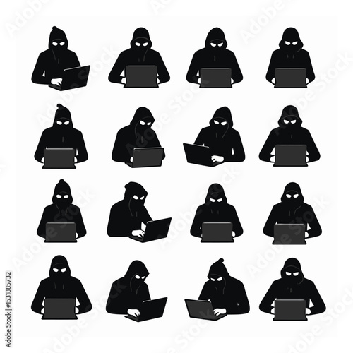 Anonymous computer hacker silhouette set working on laptops