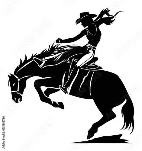 Dynamic Silhouette of a Cowgirl Riding a Bucking Horse in Vector Style
