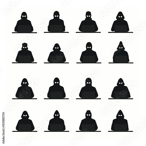 Anonymous computer hacker silhouette set working on laptops