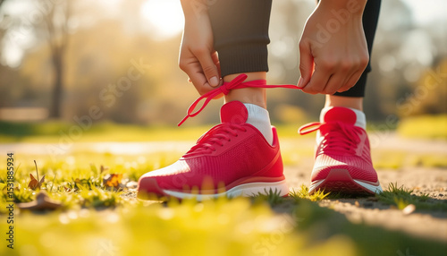 Close-up tying Plain red shoes running shoes outdoors, preparing for training in warm sunlight.