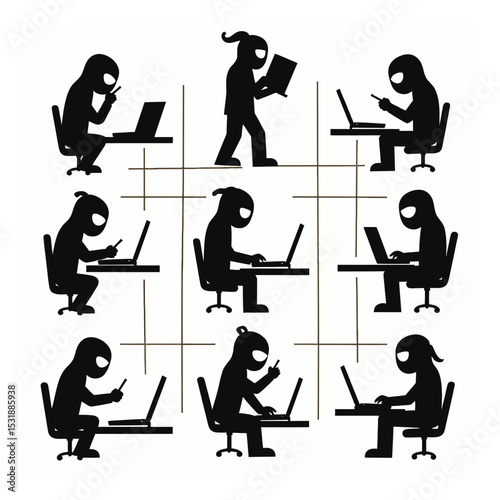 Nine silhouettes of computer hackers working on laptops