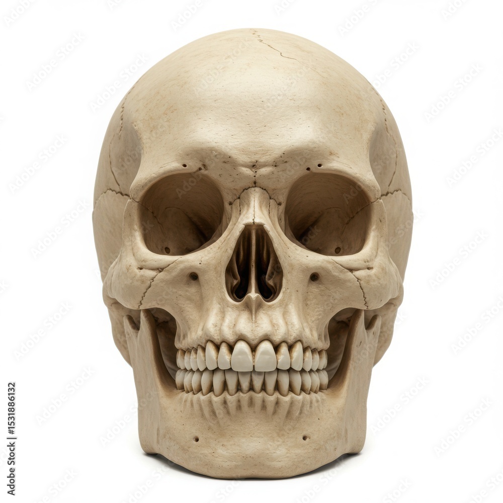 Fototapeta premium Anatomical human skull isolated on white background for medical study, halloween decoration, and educational purposes.