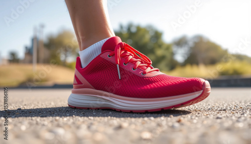 Close-up tying Plain red shoes running shoes outdoors, preparing for training in warm sunlight.