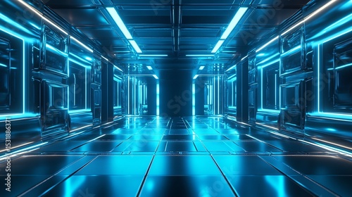Digital 3D rendering of a technology inspired interior with smooth metallic squares and glowing blue highlights creating a futuristic atmosphere