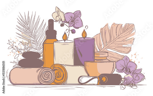 Spa and Wellness Elements with Candles, Oils, and Tropical Flora