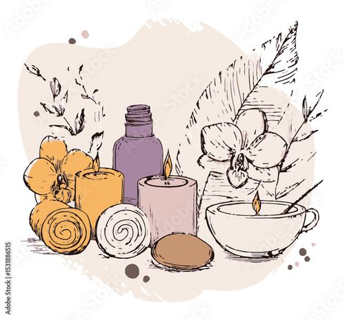 Serene Composition of Candles, Essential Oil Bottle, and Orchid Floral Design