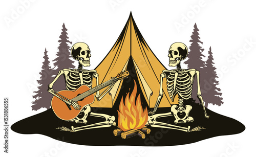 Cartoon Skeletons Camping by Tent with Guitar and Campfire Illustration