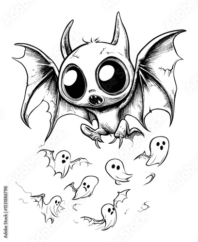 Cute Bat Character with Ghost Elements in Black and White Vector Art
