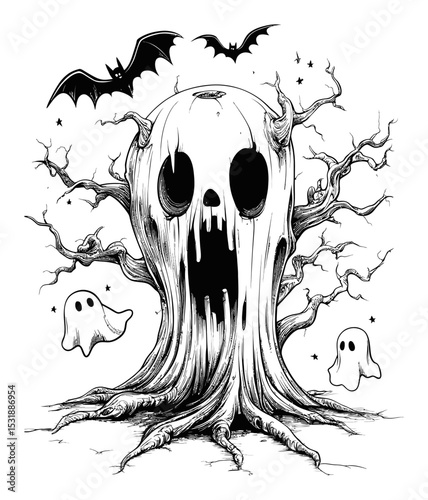 Spooky Tree with Ghosts and Bats in Vintage Black and White Design