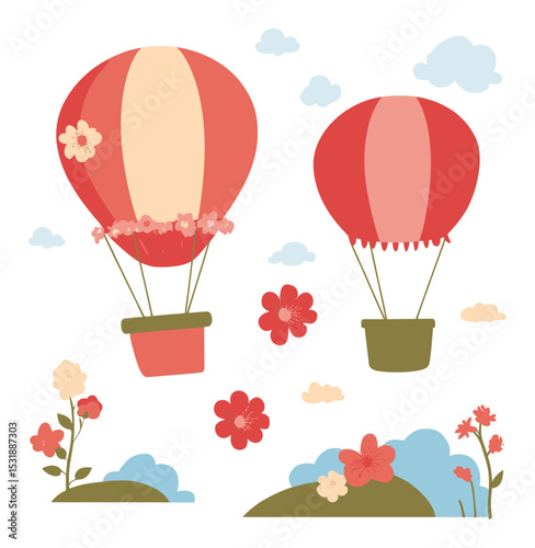 Colorful Cartoon Hot Air Balloons with Flowers and Clouds in Vector Style