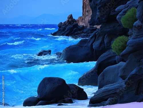 Dramatic coastal scene with dark volcanic rocks and turquoise water
