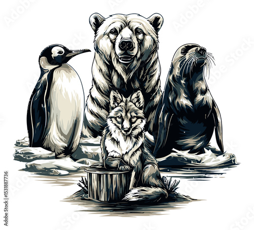 Cartoon Wildlife Portrait Featuring Bear, Seal, Fox, and Penguin Characters