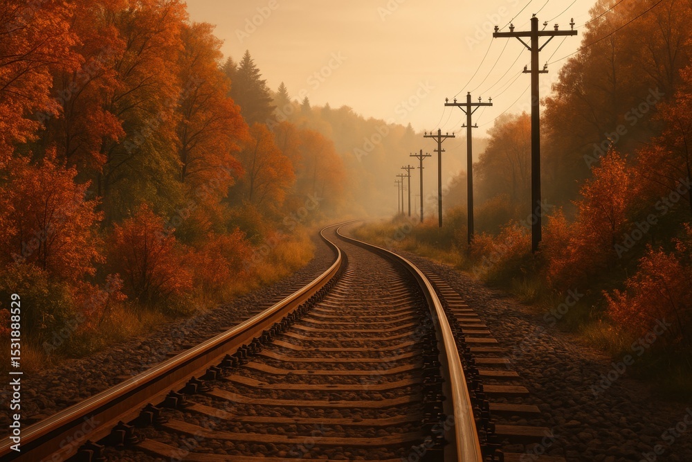 Fototapeta premium Autumn Railway Texture: Scenic Tracks Amidst Lush Foliage