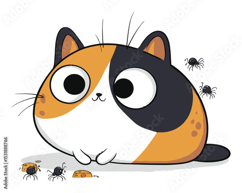 Cute Cartoon Cat with Big Eyes Surrounded by Spiders in Flat Vector Style