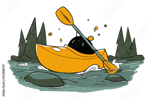 Illustration of a Kayak on a River Surrounded by Trees and Rocks