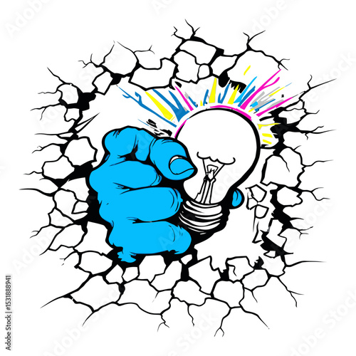 Bold Light Bulb Illustration with Cracked Wall and Vibrant Colors