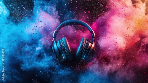 Headphones set against a vibrant backdrop of colorful particles.