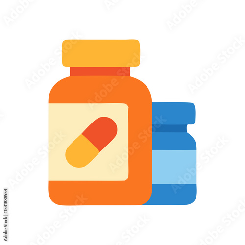 Two medicine bottles of different colours, orange and blue, ideal for pharmaceutical, healthcare, and medicalrelated concepts in design projects.