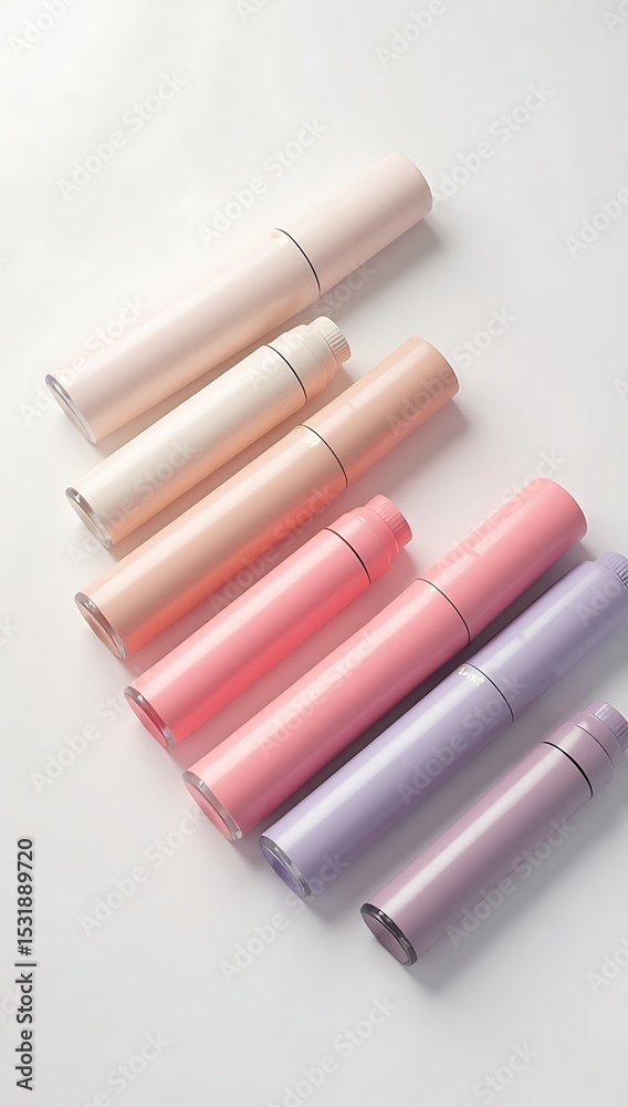 Fototapeta premium Minimalist skincare product mockup with unbranded lotion bottles and cream jars in pastel colors arranged on clean white background.