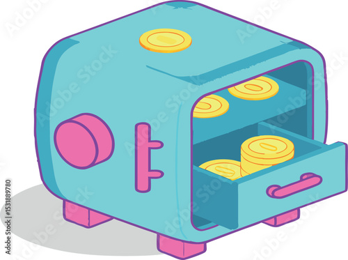 Cartoon illustration of a blue safe with gold coins and open drawer