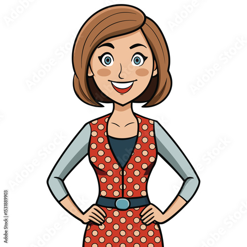 Professional woman in a patterned dress, showcasing a lively and expressive personality, a confident and modern approach to business fashion.