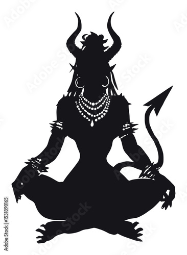 Intricate Silhouette of a Mythical Demon Figure in Meditation Pose