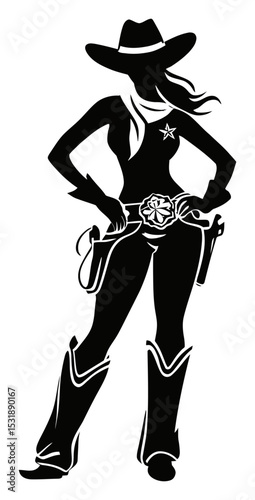 Silhouette of a Cowgirl in Western Attire with Hat and Holster