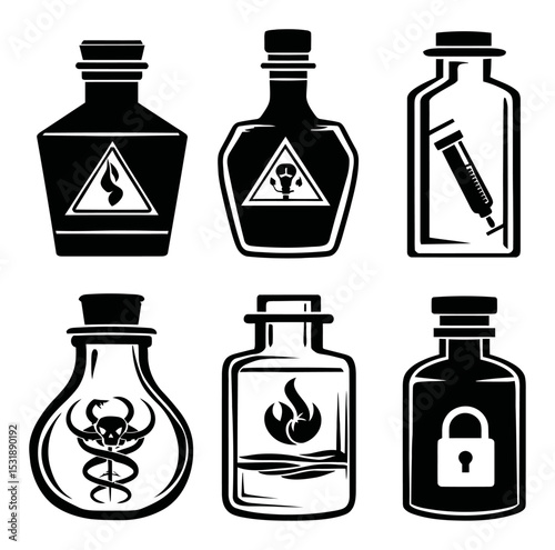 Black and White Vector Illustrations of Hazardous Liquid Bottles